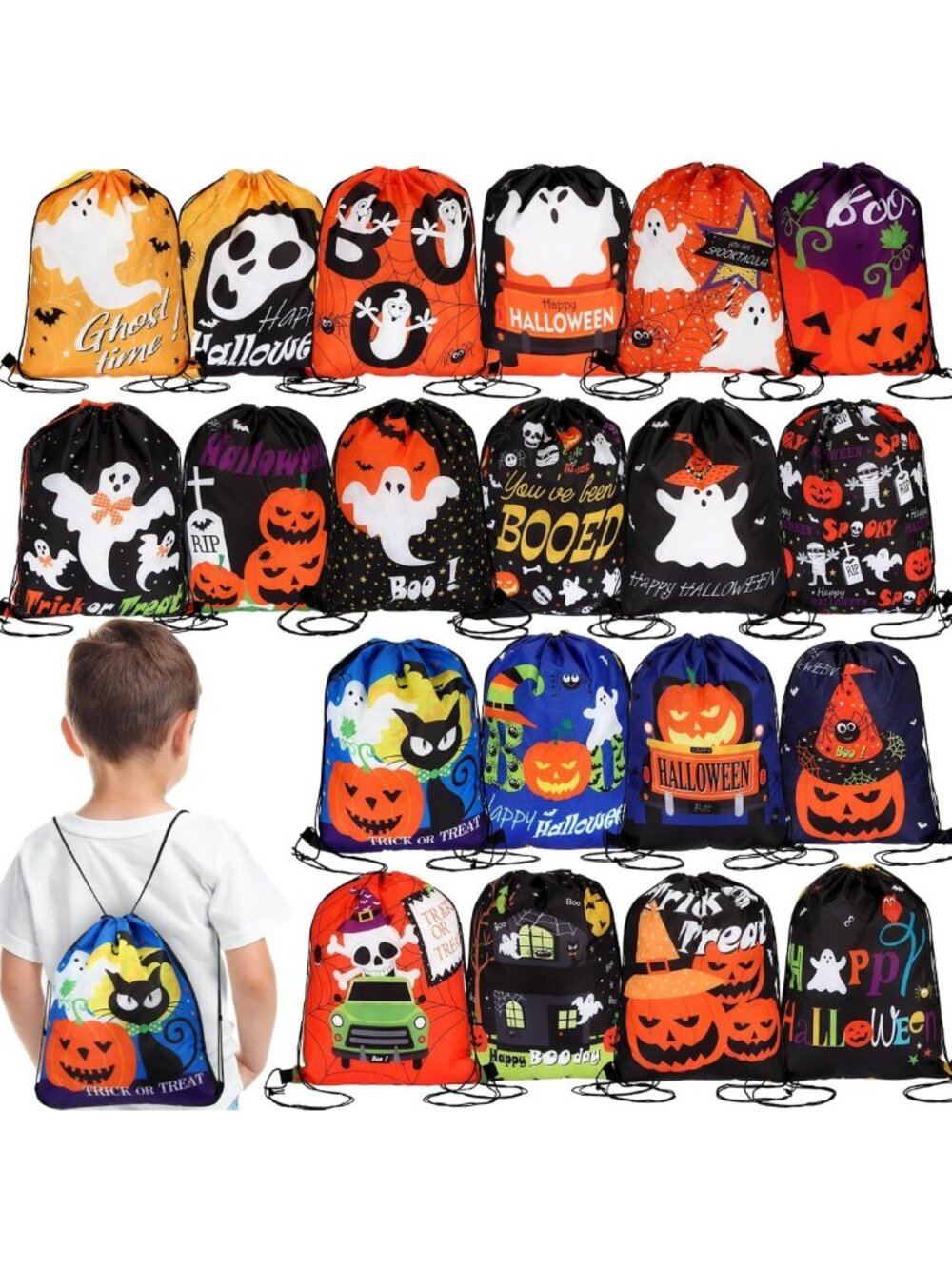100 Large Halloween Drawstring Backpacks - Goody Bags for Parties & Treats